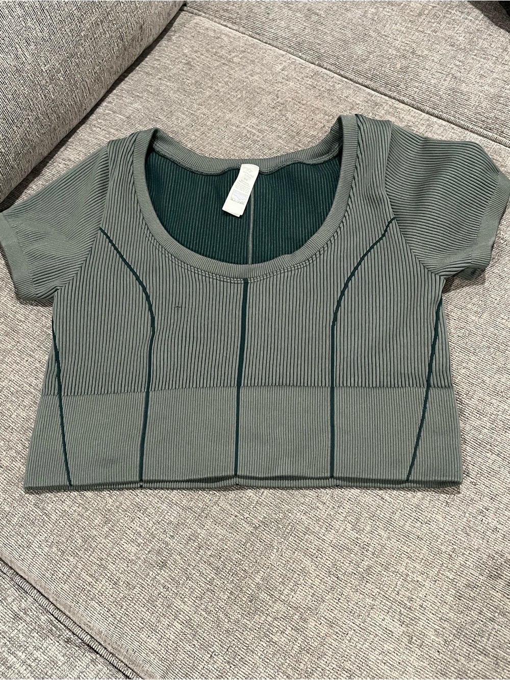 aerie Sage Green Ribbed Crop Top with Contrast Seams